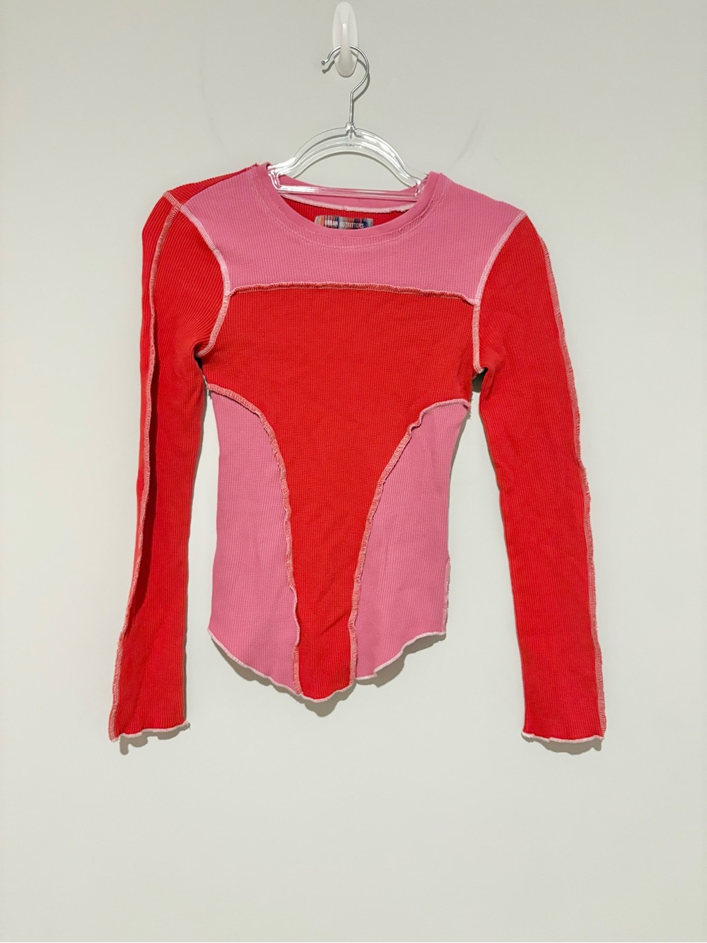 Urban Outfitters Emme Thermal Seamed Blouse Top Knit Long Sleeve pink red Small - Picture 2 of 6